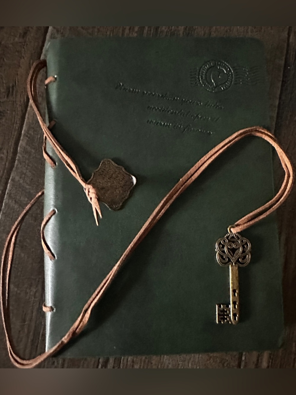 Artisan Green Leather Journal with Brown Cord and Brass Key Charm